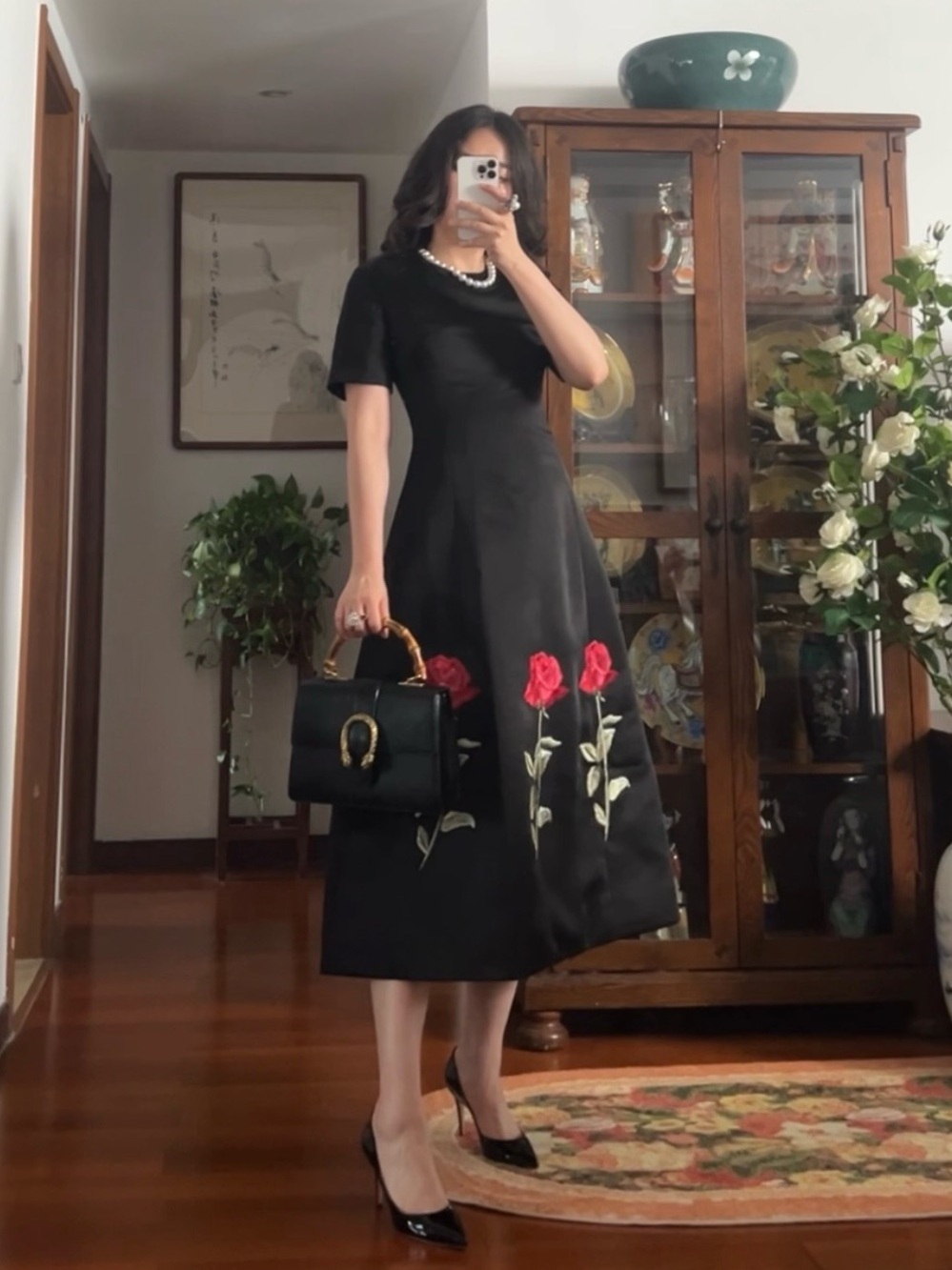 Leo Lin Black Caroline Rose Hand Embroidered Midi Dress AU8/US4 NWT